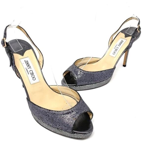 JIMMY CHOO SILVER METALLIC DEGRADE SPARKLE SLINGBACK PLATFORM SANDAL HEELS 39.5 - Picture 1 of 11